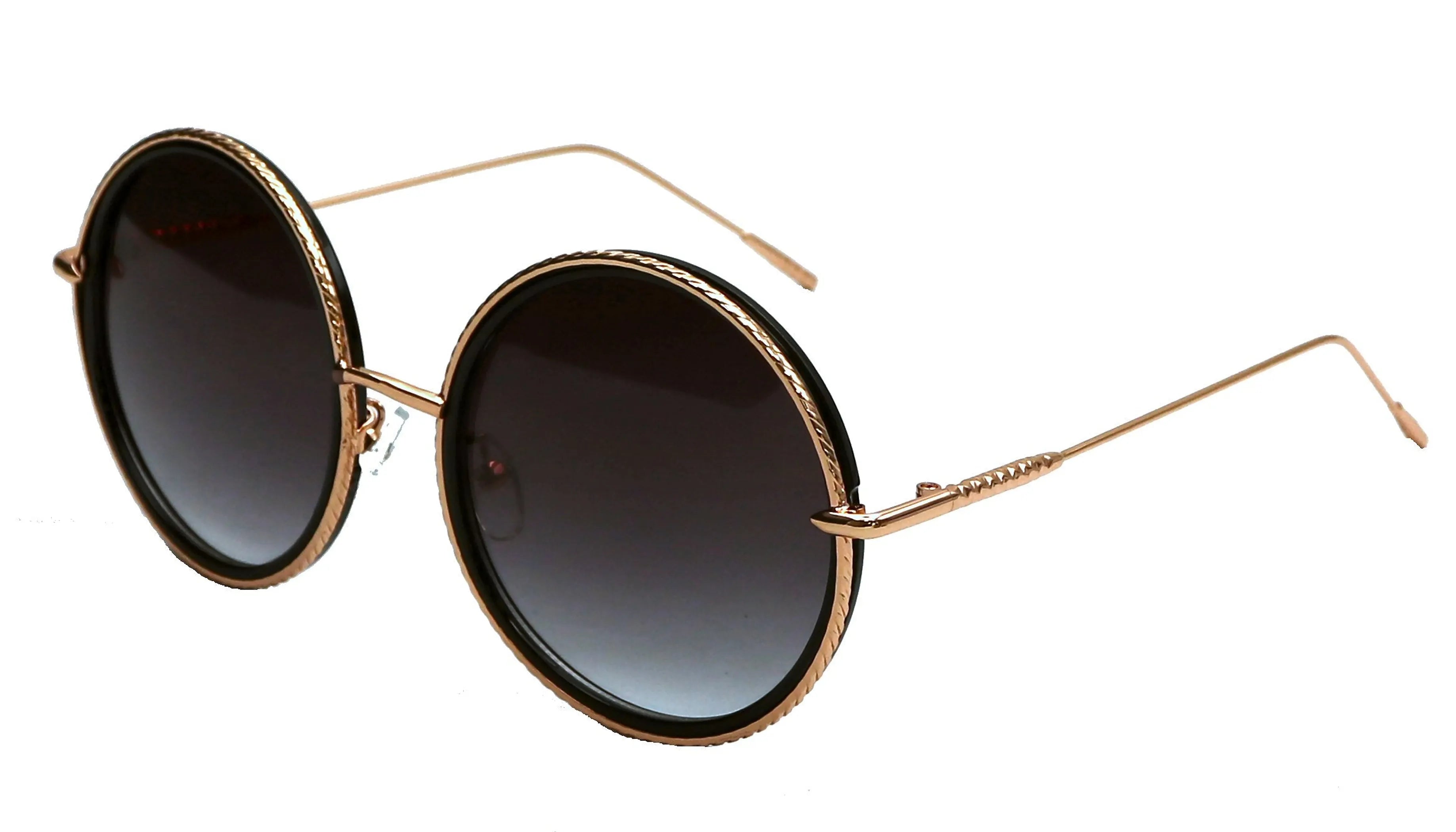 Round sunglasses with gold frame and dark lenses on a white background