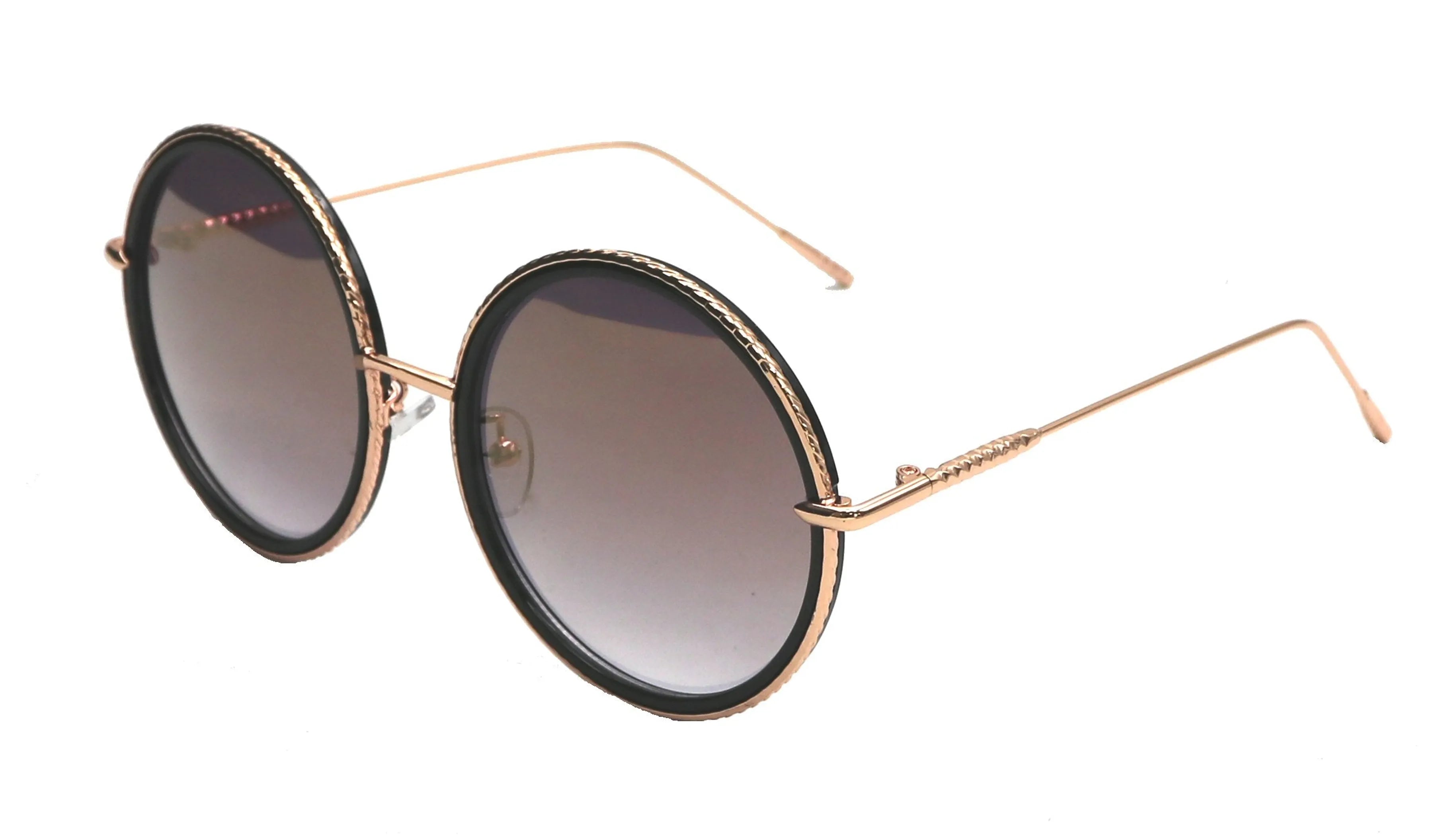 "Round oversized sunglasses with dark gradient lenses and a gold metal frame on a white background"