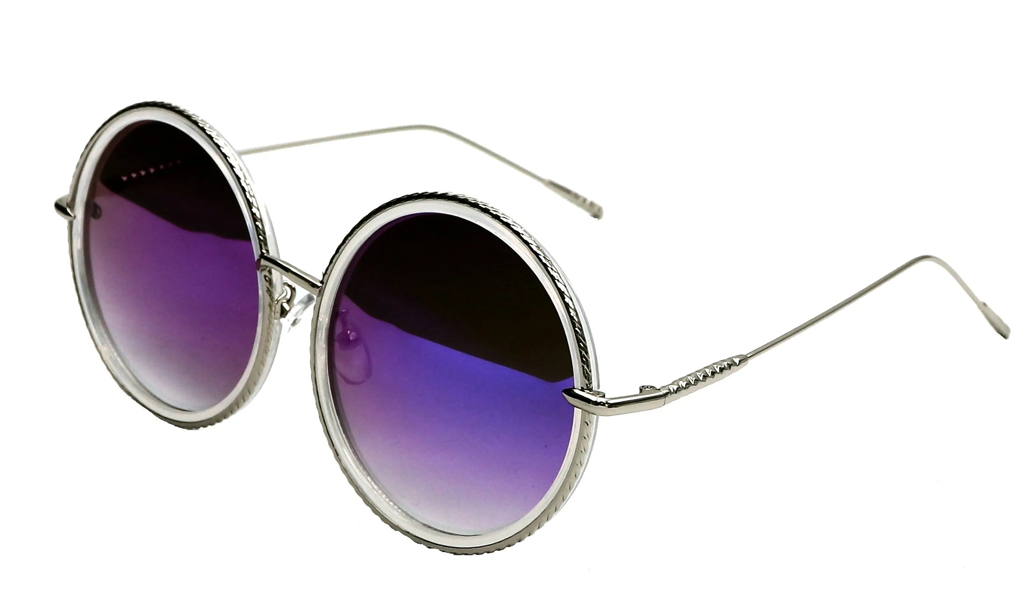 Round sunglasses with purple gradient lenses and silver frame on a white background