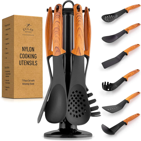 Set of nylon cooking utensils with wooden handles on a stand, next to a box labeled 'Nylon Cooking Utensils' by Zulay Kitchen.