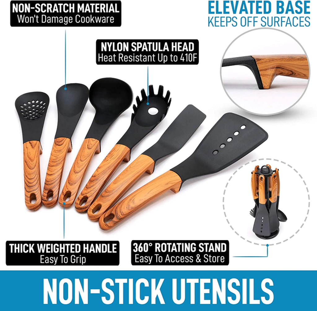 Set of non-stick utensils with features highlighted on a white background