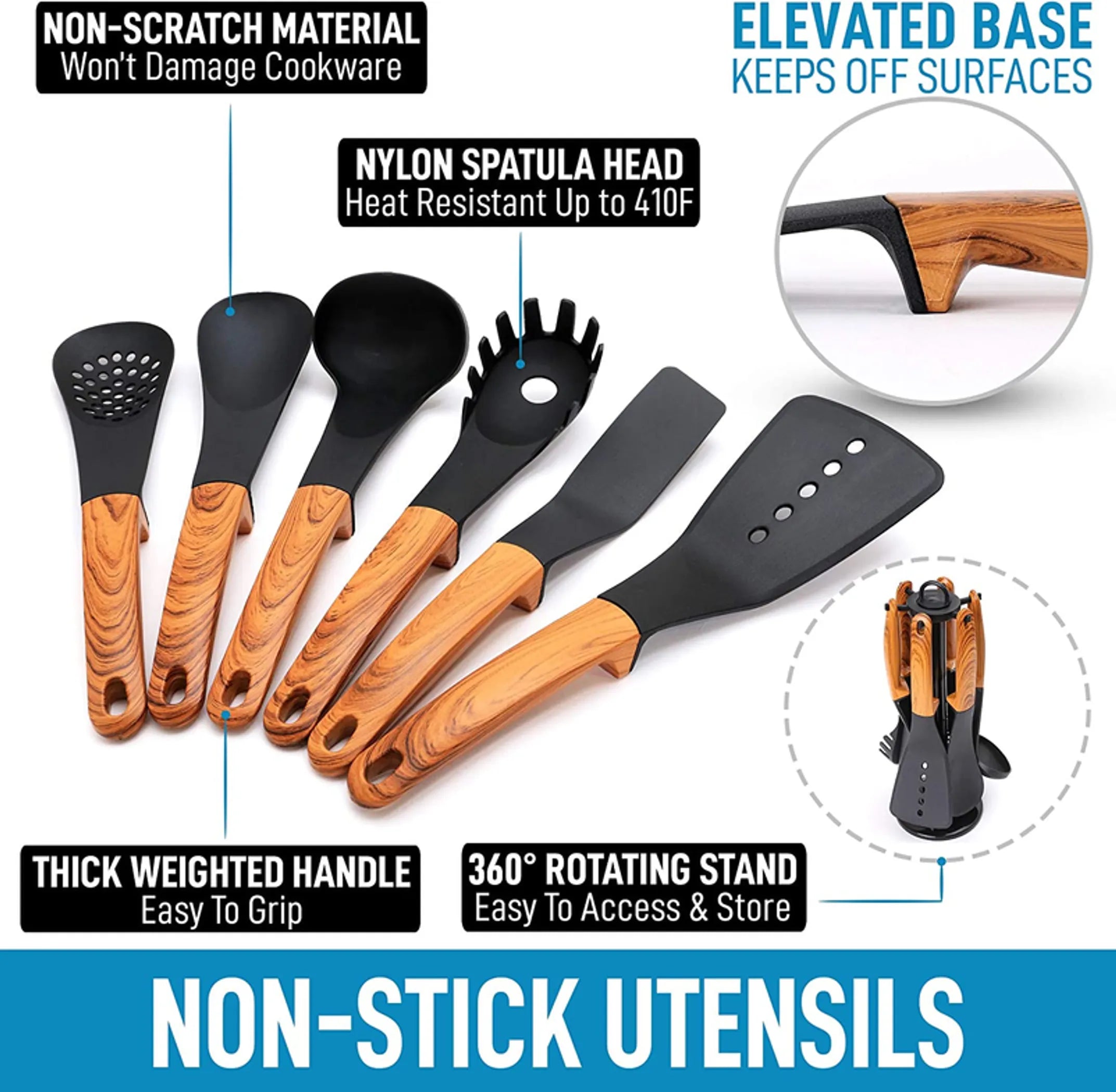 Set of non-stick utensils with features highlighted on a white background