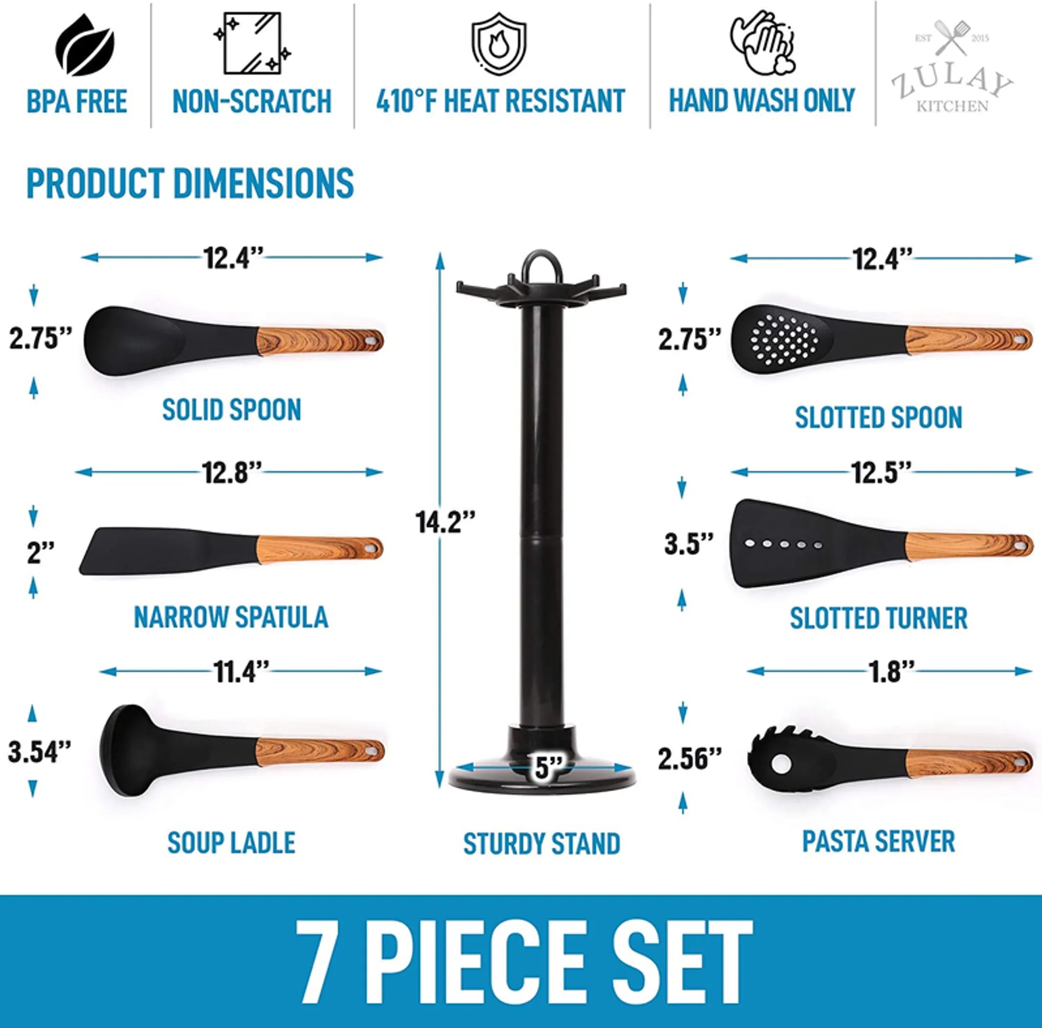 7-piece kitchen utensil set with dimensions and features on a white background