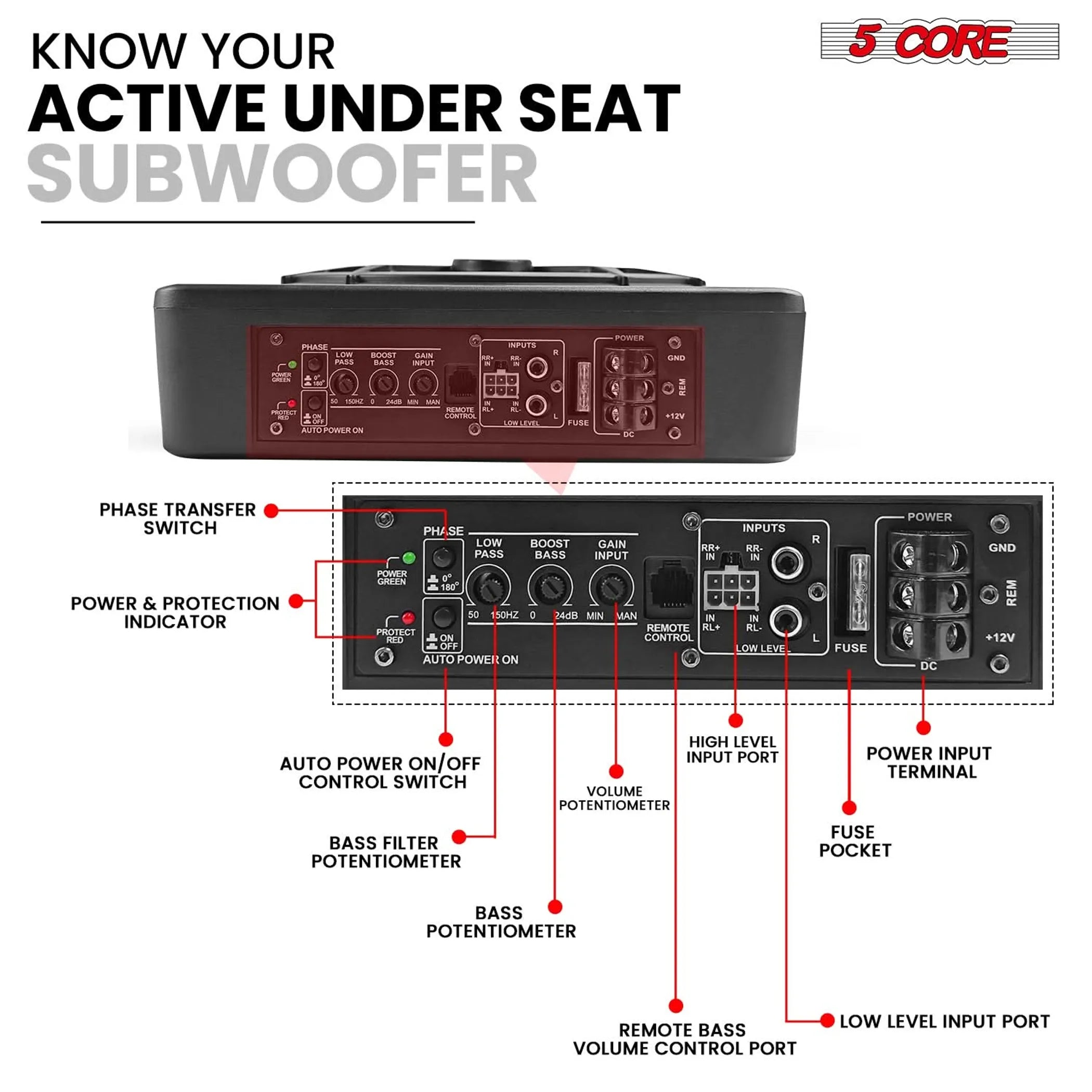 10 inch Slim Under Seat Car Audio Subwoofer 800W Built in Amplifier Sub Woofer LED Light