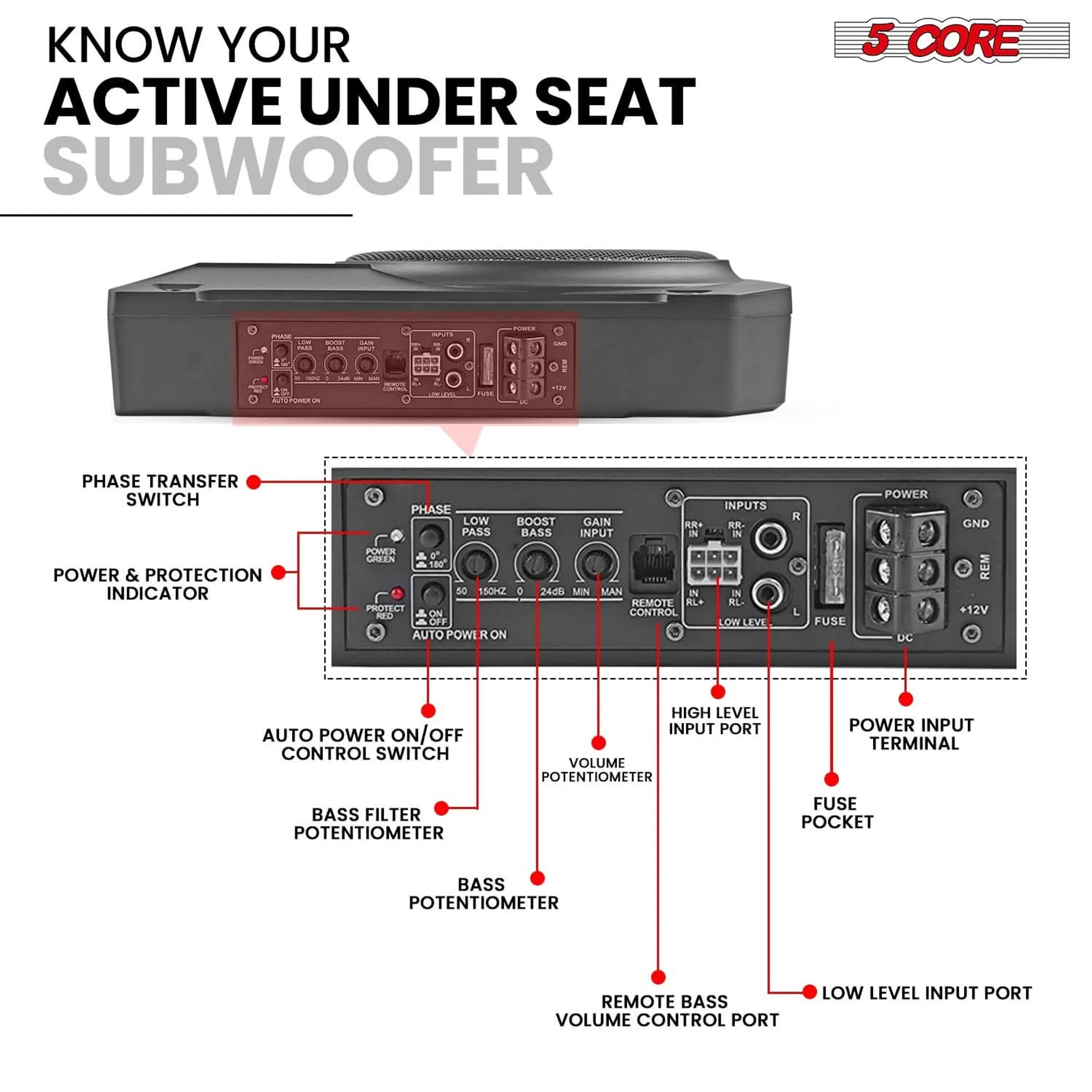 10 inch Slim Under Seat Car Audio Subwoofer 800W Built in Amplifier Sub Woofer Enclosure Box