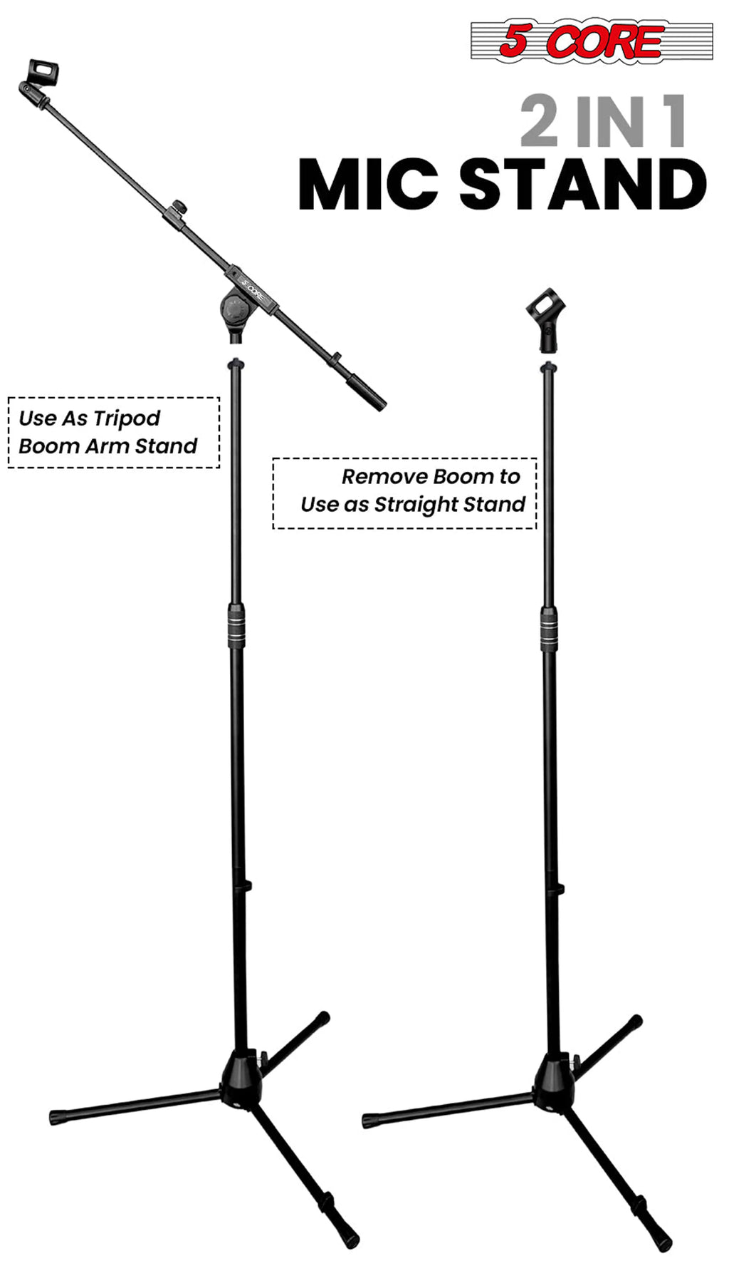 Mic Stand Pair Height Adjustable Universal Microphone Stands Floor w Telescoping Boom Arm