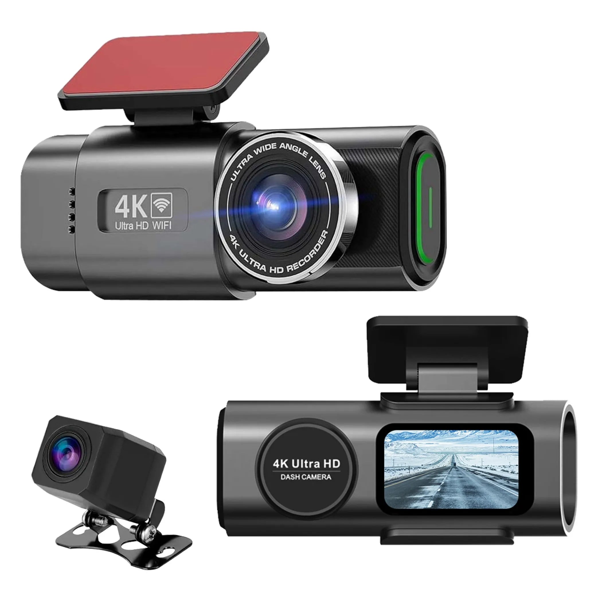 4K Ultra HD dash camera with additional lens and screen on a white background