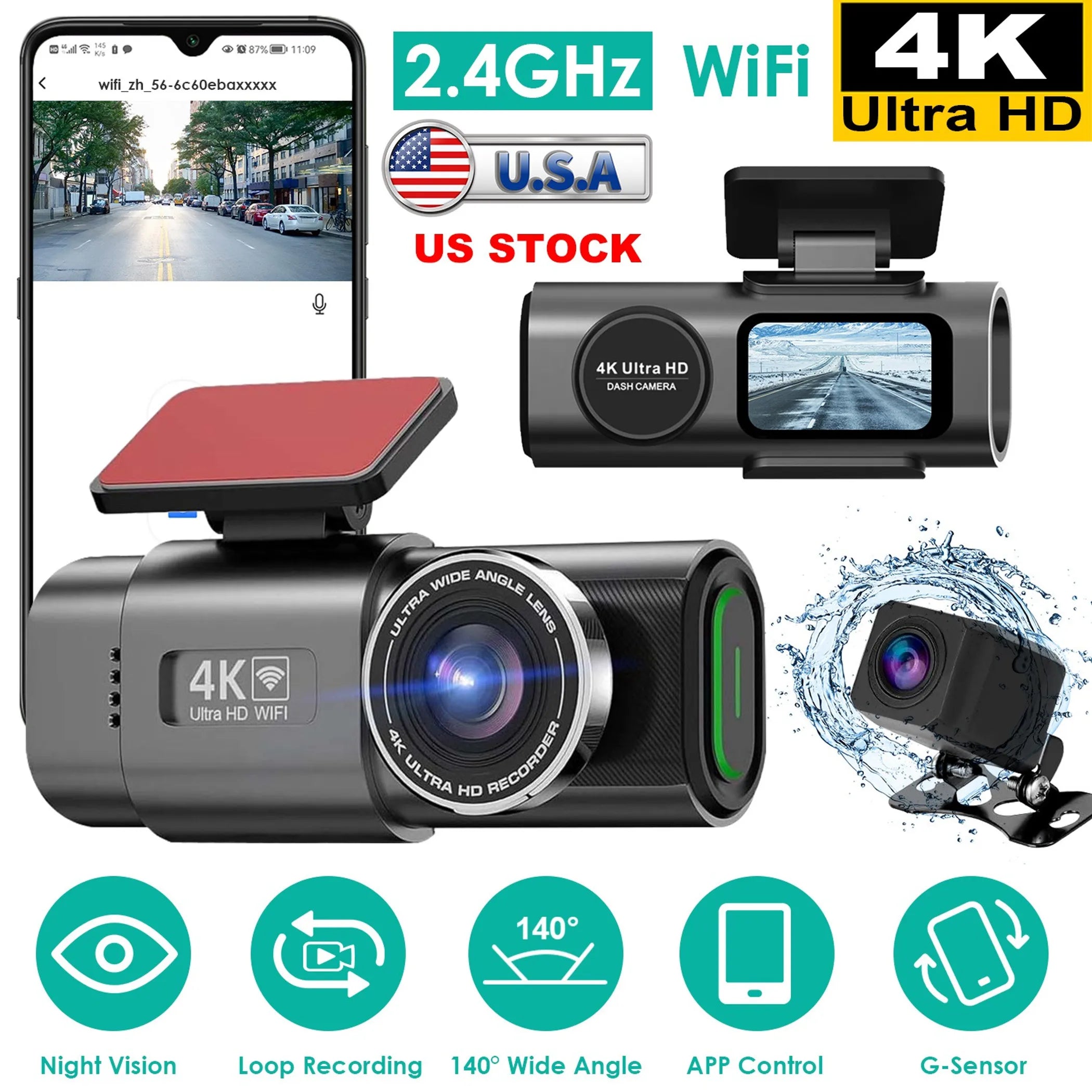 Car dashboard camera with smartphone display, 4K Ultra HD, WiFi, and water resistance features.