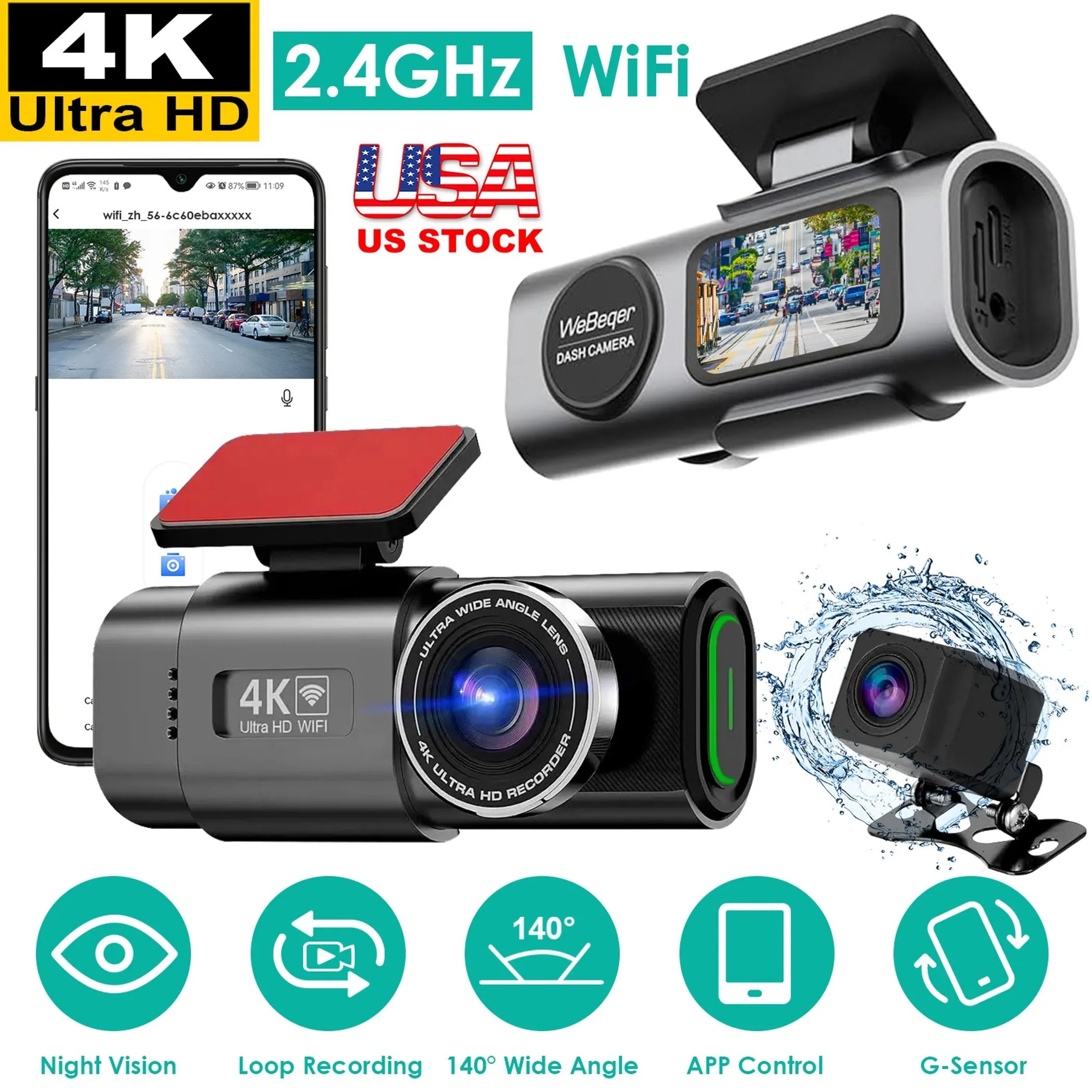 Car dashboard camera with smartphone app, 4K Ultra HD, 2.4GHz WiFi, and USA stock label.