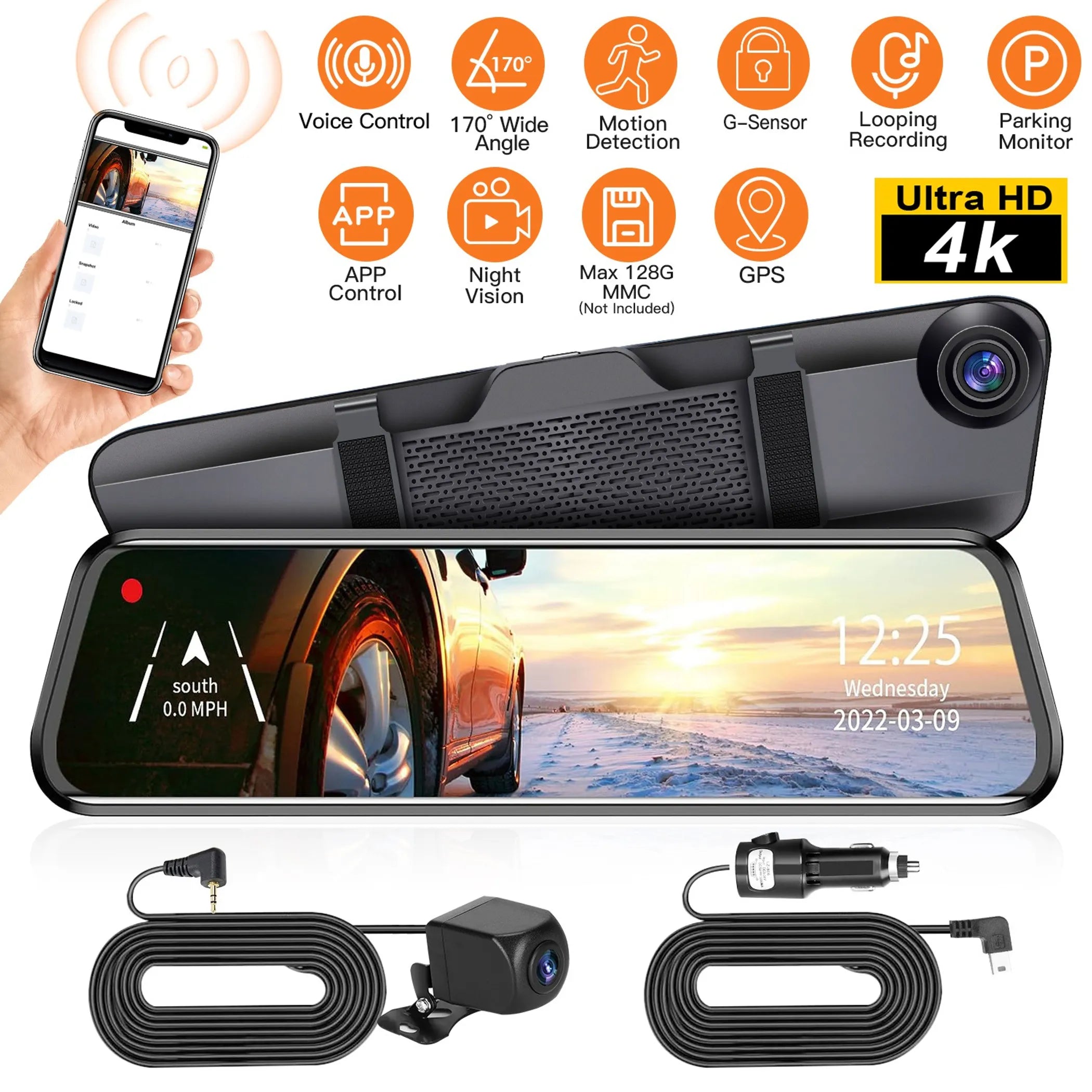 4K Car DVR 12in Dash Cam Camcorder Camera Recorder
