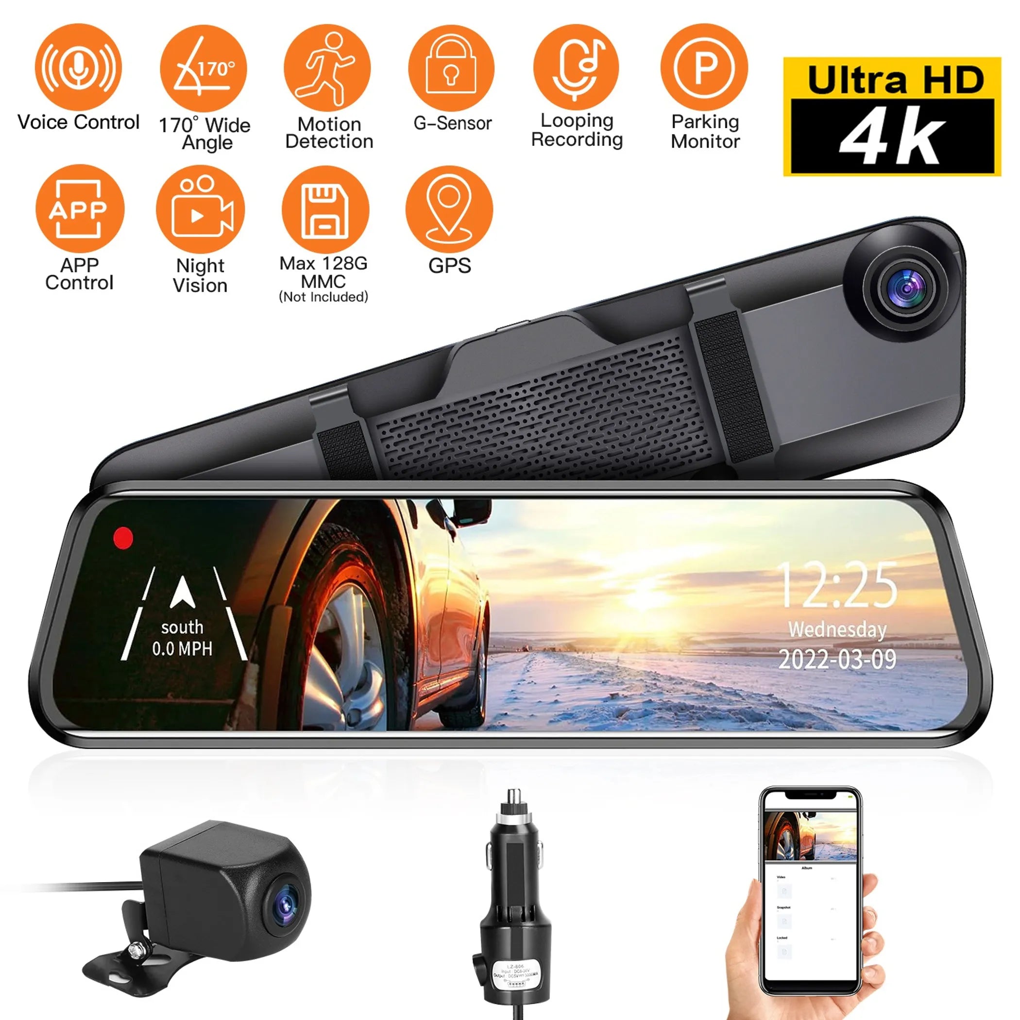 4K Car DVR 12in Dash Cam Camcorder Camera Recorder