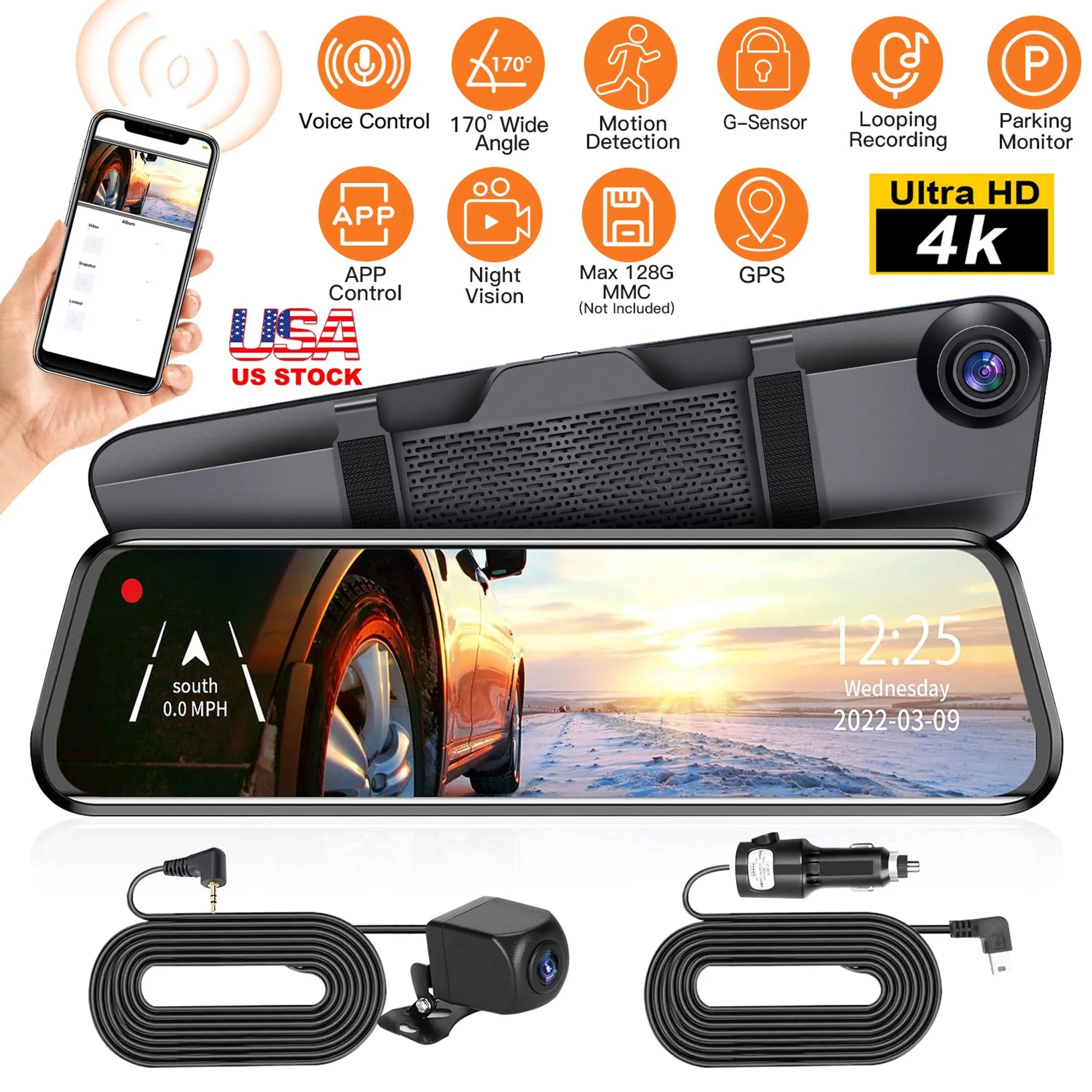 4K Car DVR 12in Dash Cam Camcorder Camera Recorder