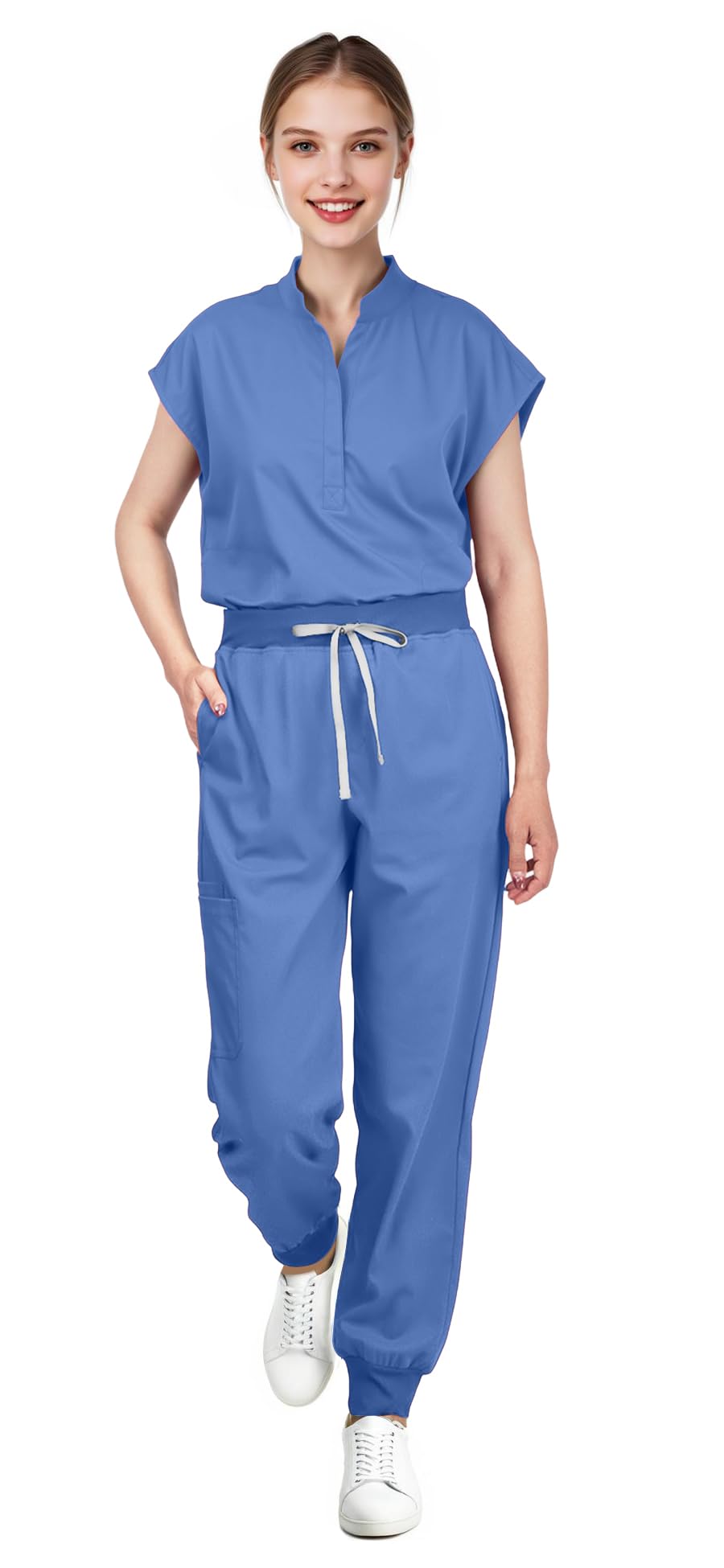 Women's Scrubs Set Series 2 - Sleeveless Stand-Up Collar Scrub Top and Tapered Jogger Pants, 8-Pocket Work Uniform