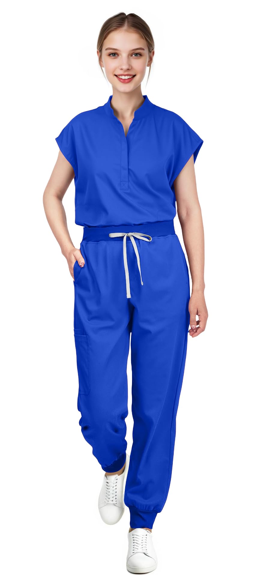 Scrubs for Women Set - with Sleeveless Stand-Up Collar Scrub Top & Jogger Scrub Pants, 8-Pocket Design