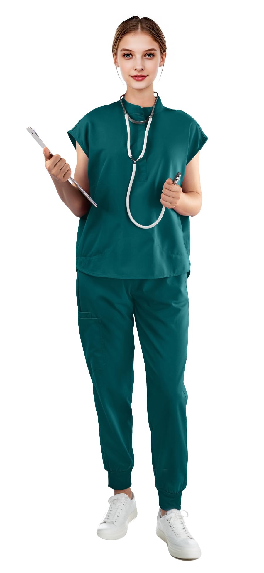 Scrubs for Women Set - with Sleeveless Stand-Up Collar Scrub Top & Jogger Scrub Pants, 8-Pocket Design