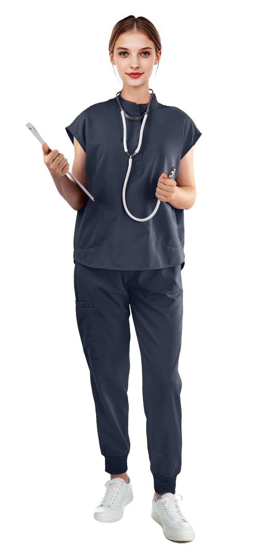 Scrubs for Women Set - with Sleeveless Stand-Up Collar Scrub Top & Jogger Scrub Pants, 8-Pocket Design