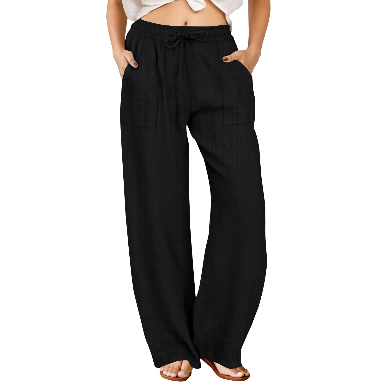 FireSwan Womens Palazzo Pants Casual Drawstring Flowy Pants Wide Leg Summer Beach Linen Trousers with Pockets