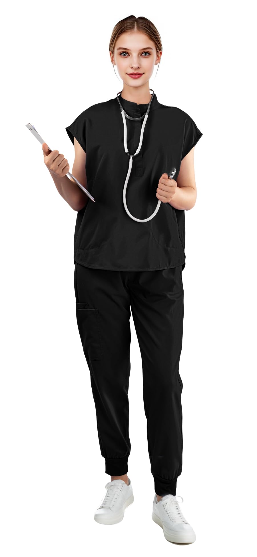 Scrubs for Women Set - with Sleeveless Stand-Up Collar Scrub Top & Jogger Scrub Pants, 8-Pocket Design