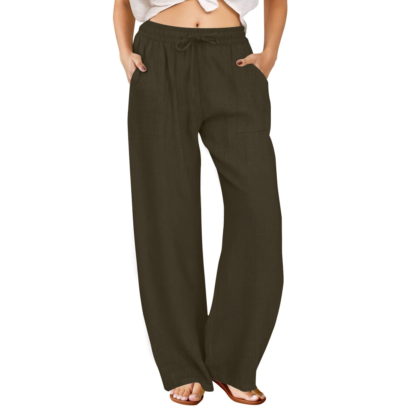 FireSwan Womens Palazzo Pants Casual Drawstring Flowy Pants Wide Leg Summer Beach Linen Trousers with Pockets