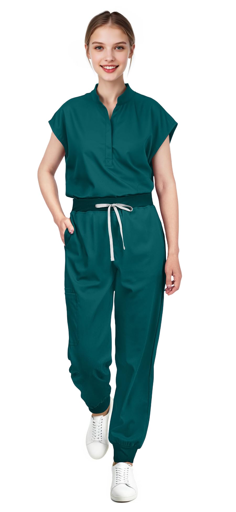 Scrubs for Women Set - with Sleeveless Stand-Up Collar Scrub Top & Jogger Scrub Pants, 8-Pocket Design