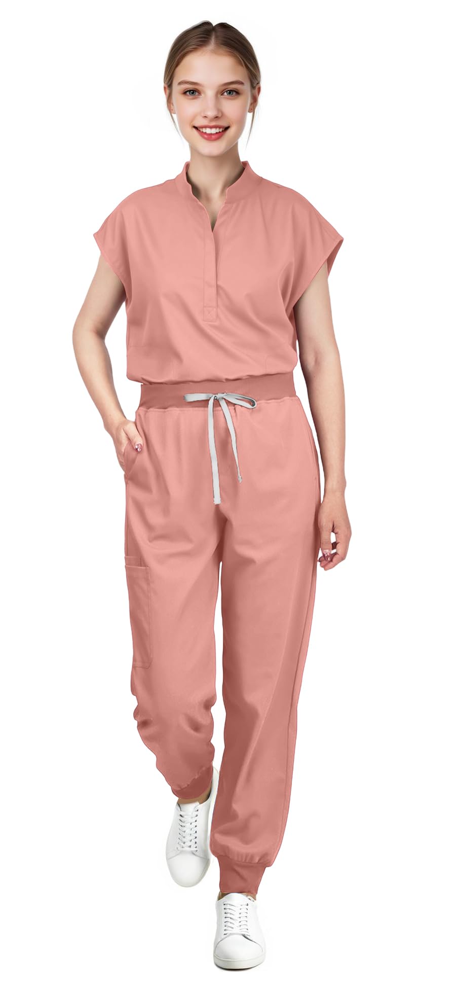 Women's Scrubs Set Series 2 - Sleeveless Stand-Up Collar Scrub Top and Tapered Jogger Pants, 8-Pocket Work Uniform