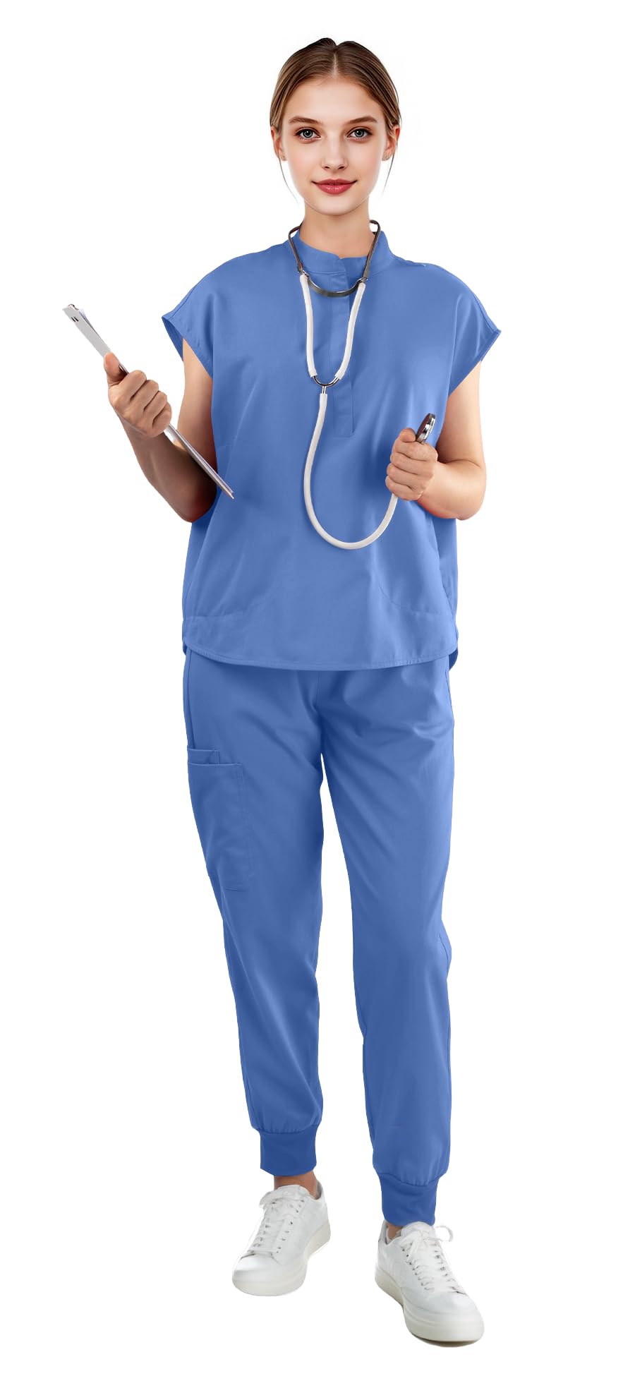 Women's Scrubs Set Series 2 - Sleeveless Stand-Up Collar Scrub Top and Tapered Jogger Pants, 8-Pocket Work Uniform