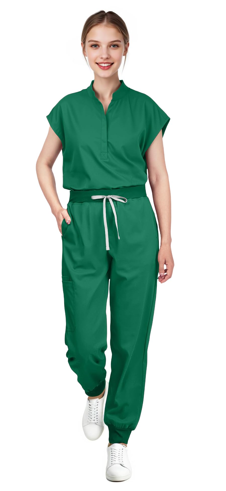Women's Scrubs Set Series 2 - Sleeveless Stand-Up Collar Scrub Top and Tapered Jogger Pants, 8-Pocket Work Uniform