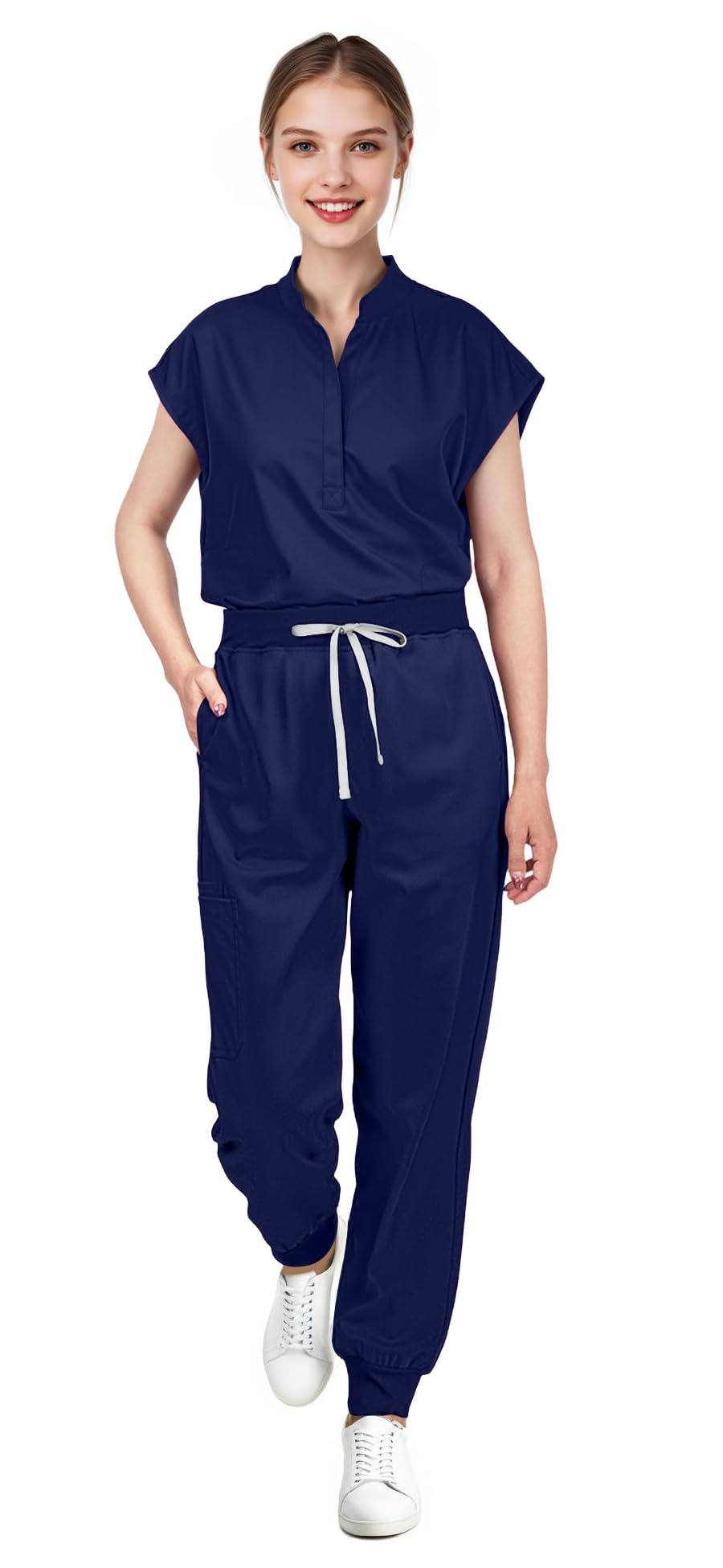 Scrubs for Women Set - with Sleeveless Stand-Up Collar Scrub Top & Jogger Scrub Pants, 8-Pocket Design
