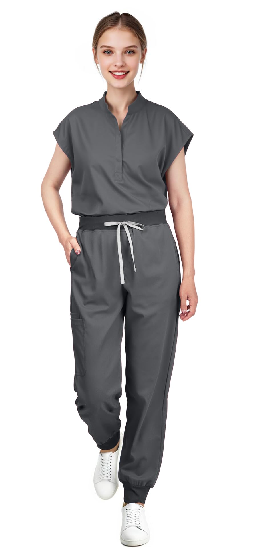 Women's Scrubs Set Series 2 - Sleeveless Stand-Up Collar Scrub Top and Tapered Jogger Pants, 8-Pocket Work Uniform