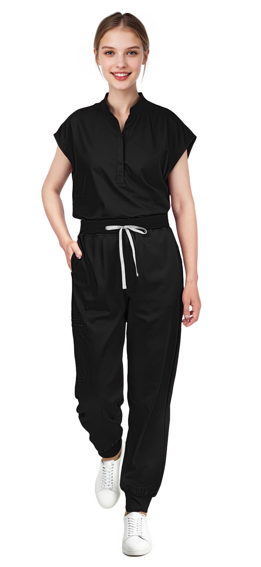 Scrubs for Women Set - with Sleeveless Stand-Up Collar Scrub Top & Jogger Scrub Pants, 8-Pocket Design