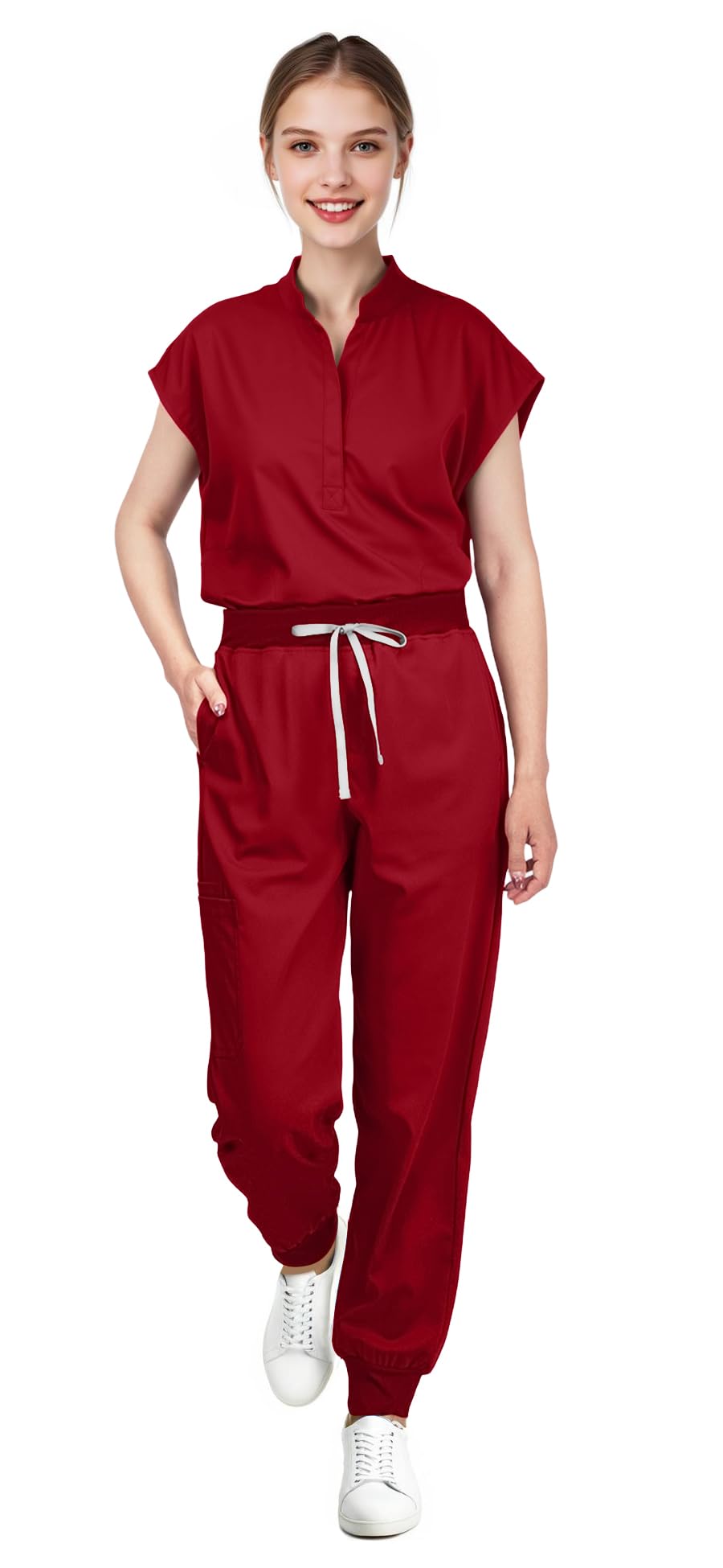 Scrubs for Women Set - with Sleeveless Stand-Up Collar Scrub Top & Jogger Scrub Pants, 8-Pocket Design