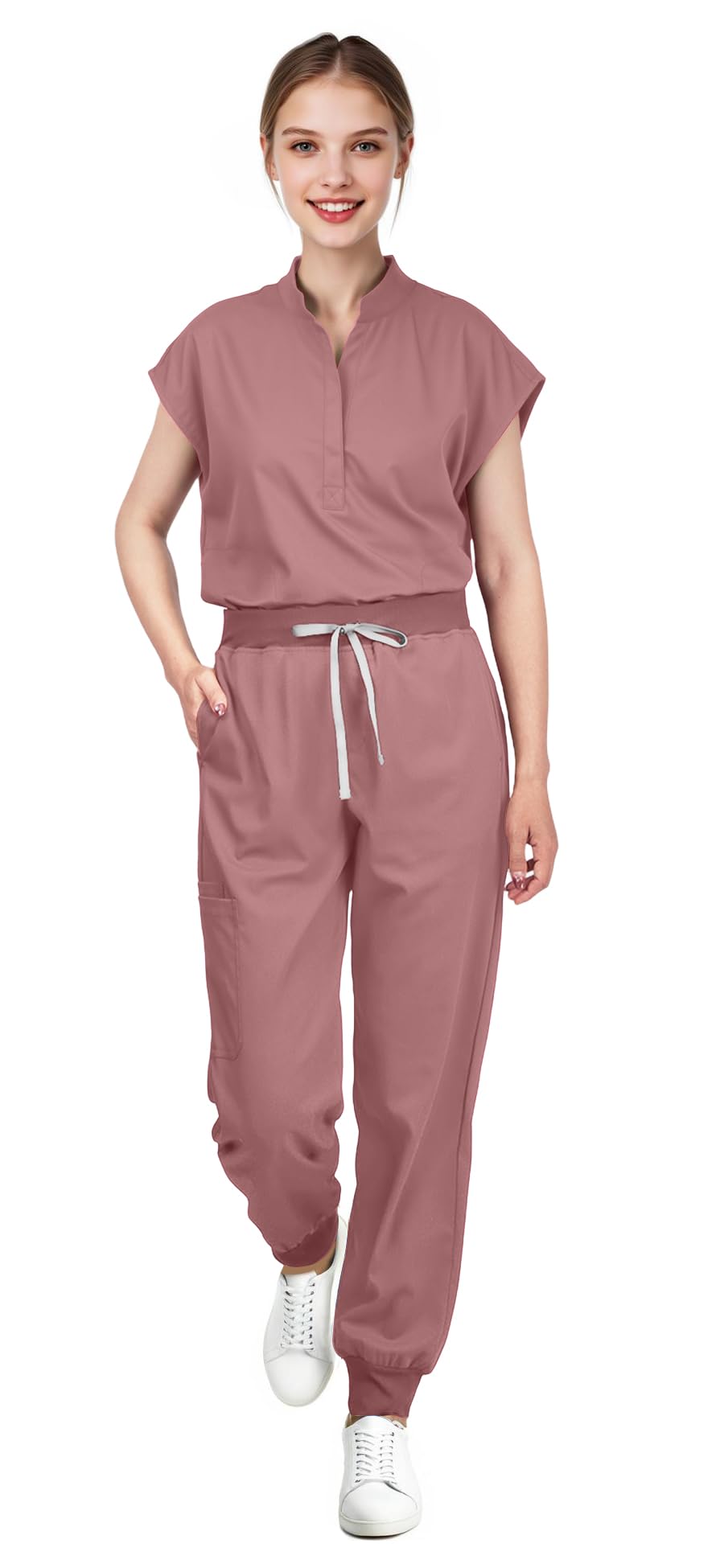 Women's Scrubs Set Series 2 - Sleeveless Stand-Up Collar Scrub Top and Tapered Jogger Pants, 8-Pocket Work Uniform
