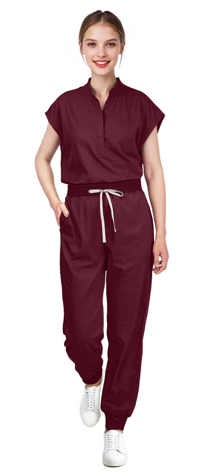 Scrubs for Women Set - with Sleeveless Stand-Up Collar Scrub Top & Jogger Scrub Pants, 8-Pocket Design