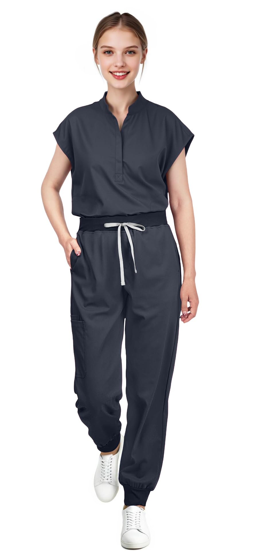 Women's Scrubs Set Series 2 - Sleeveless Stand-Up Collar Scrub Top and Tapered Jogger Pants, 8-Pocket Work Uniform