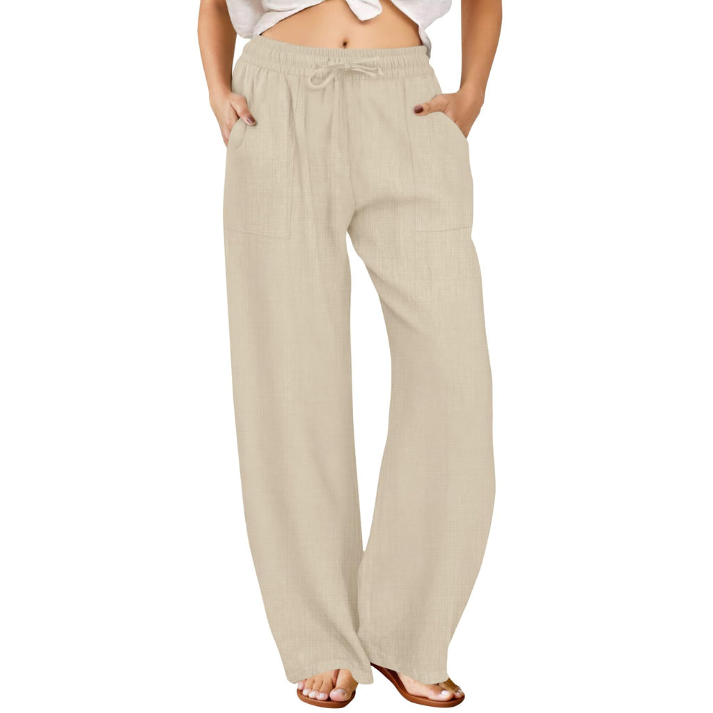 FireSwan Womens Palazzo Pants Casual Drawstring Flowy Pants Wide Leg Summer Beach Linen Trousers with Pockets