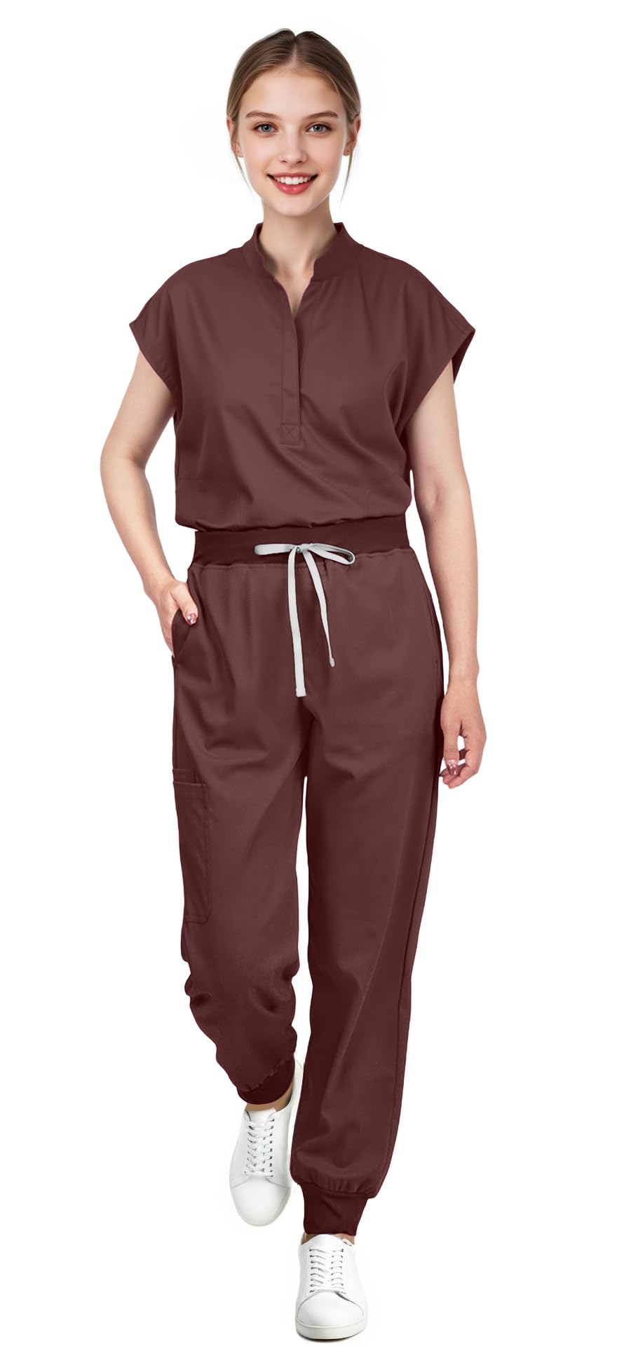 Women's Scrubs Set Series 2 - Sleeveless Stand-Up Collar Scrub Top and Tapered Jogger Pants, 8-Pocket Work Uniform