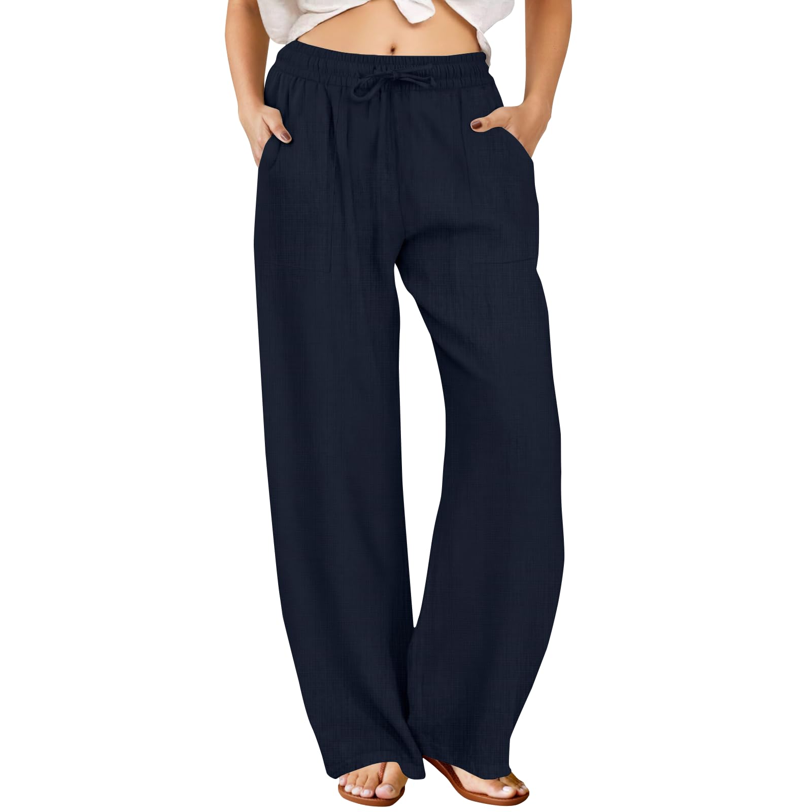 FireSwan Womens Palazzo Pants Casual Drawstring Flowy Pants Wide Leg Summer Beach Linen Trousers with Pockets