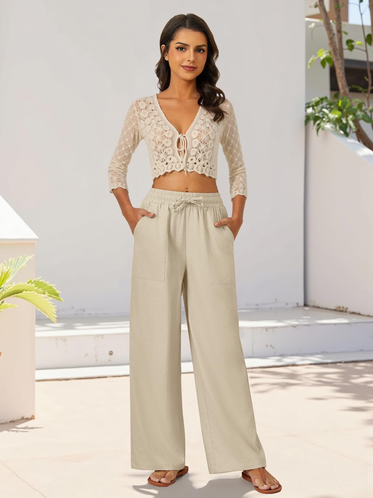 FireSwan Womens Palazzo Pants Casual Drawstring Flowy Pants Wide Leg Summer Beach Linen Trousers with Pockets