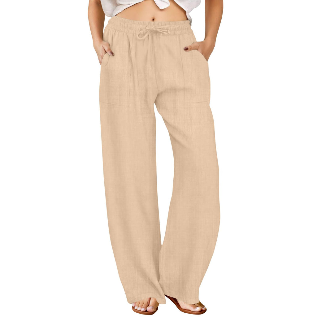 FireSwan Womens Palazzo Pants Casual Drawstring Flowy Pants Wide Leg Summer Beach Linen Trousers with Pockets