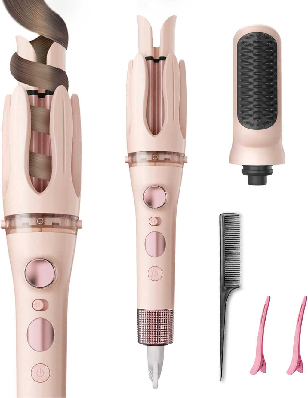 Automatic Curling Iron, 2 in 1 Hair Curler with Hair Straightener Brush, Portable Rotating Curling Iron, 1.25" Anti-Scald Tangle-Free, Dual Voltage 4 Temps Fast Heating, Lightweight for Travel