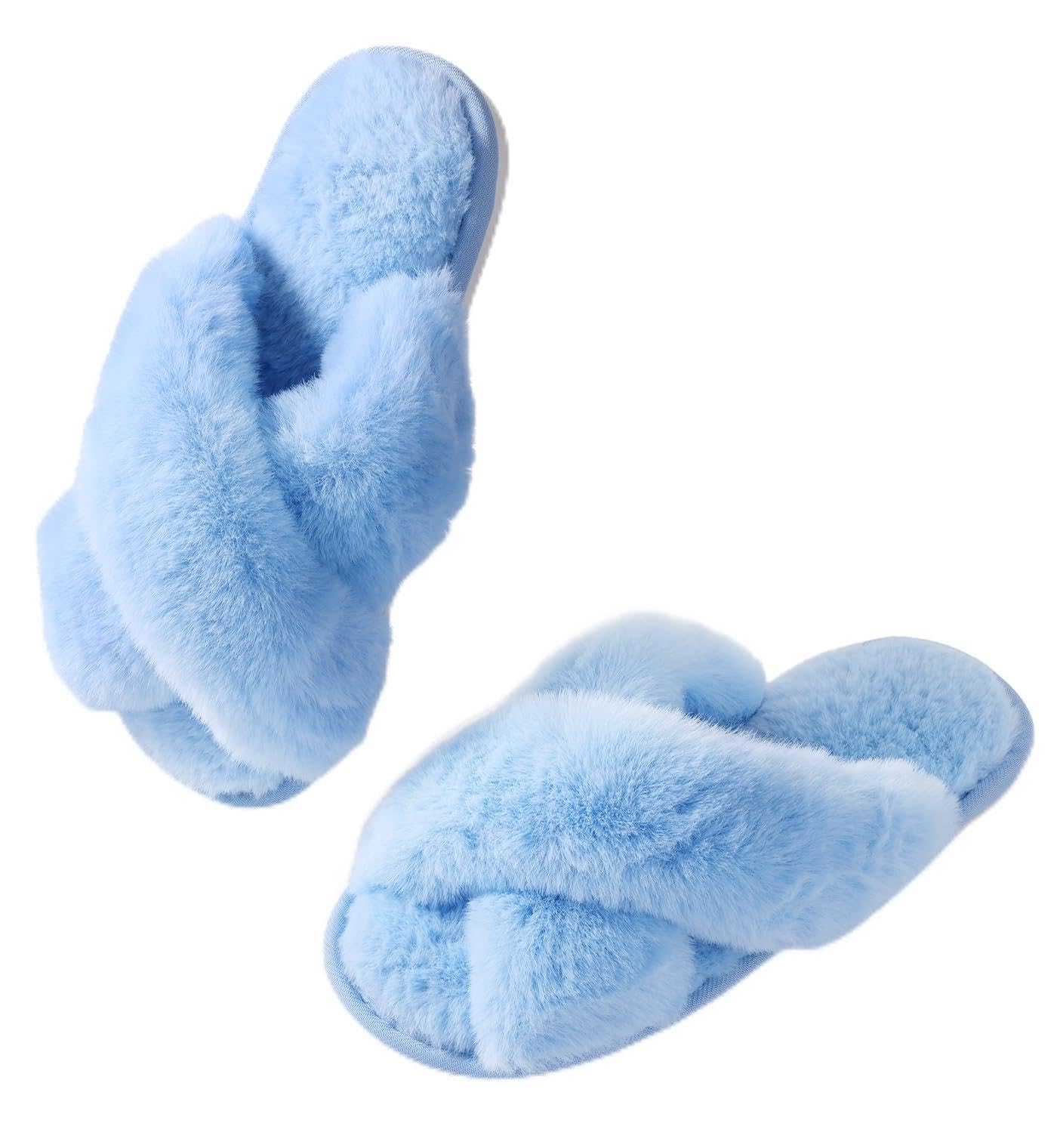 Ankis Women's Fuzzy Slippers Cross Band Memory Foam Open Toe Comfy Soft House Shoes Anti-Slip Indoor Outdoor Gifts for Women