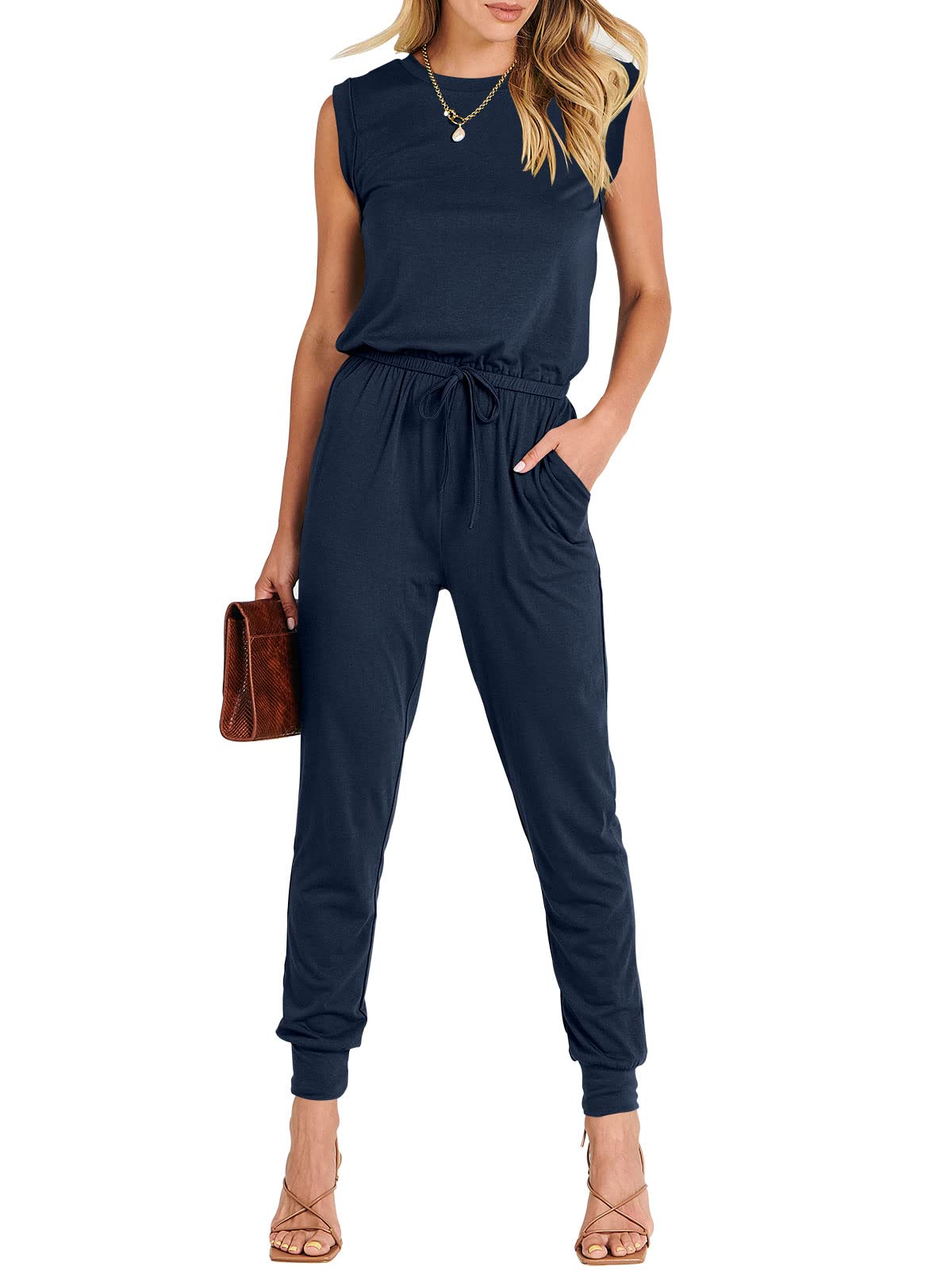 ANRABESS Womens Summer Sleeveless Jumpsuits Casual Dressy Stretchy Crewneck Rompers One Piece Outfits Fall Fashion 2026