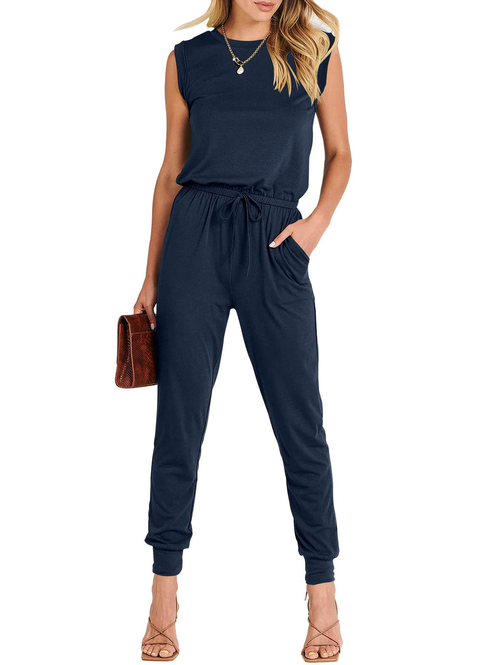 ANRABESS Womens Summer Sleeveless Jumpsuits Casual Dressy Stretchy Crewneck Rompers One Piece Outfits Fall Fashion 2026