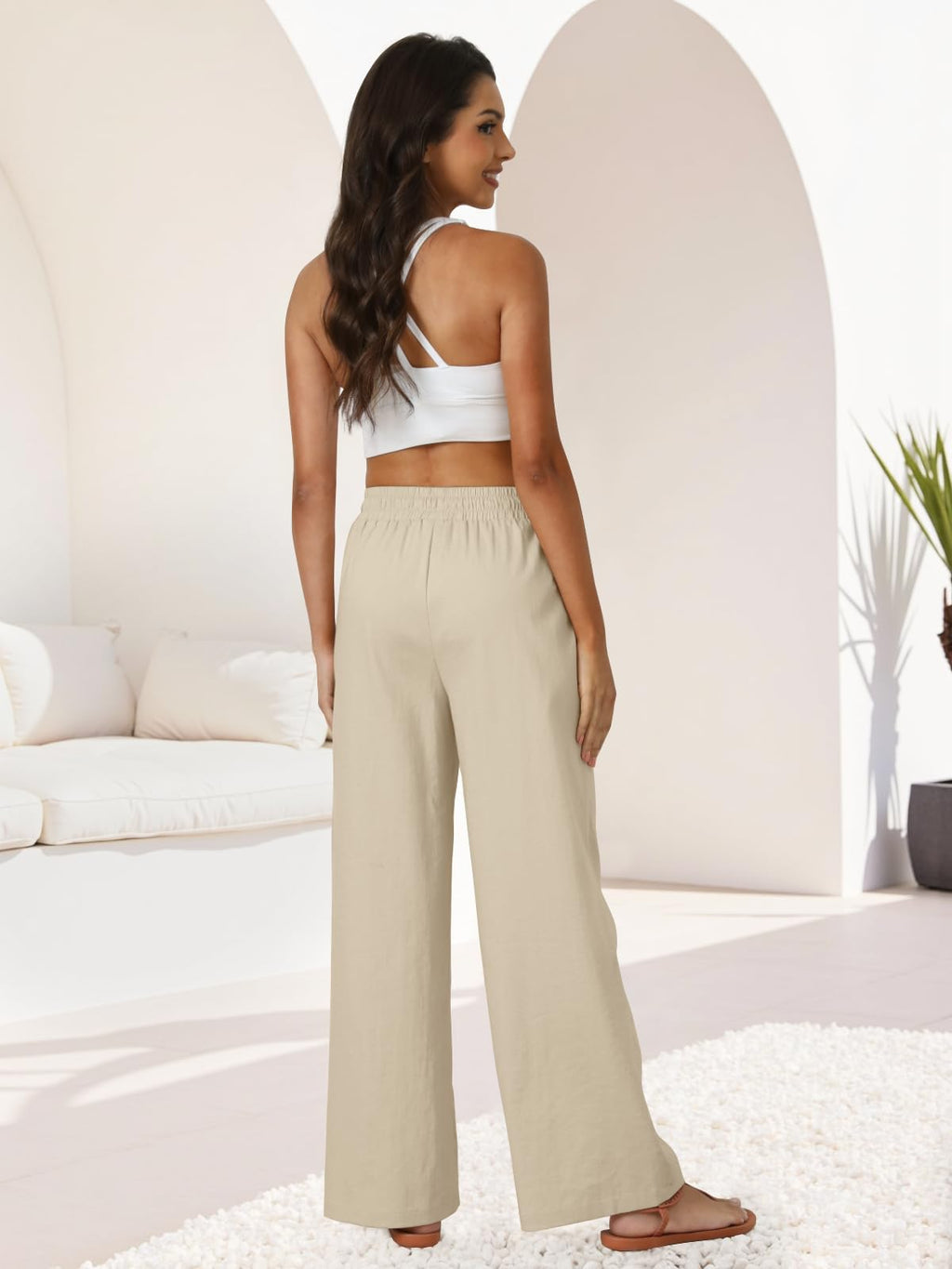 FireSwan Womens Palazzo Pants Casual Drawstring Flowy Pants Wide Leg Summer Beach Linen Trousers with Pockets