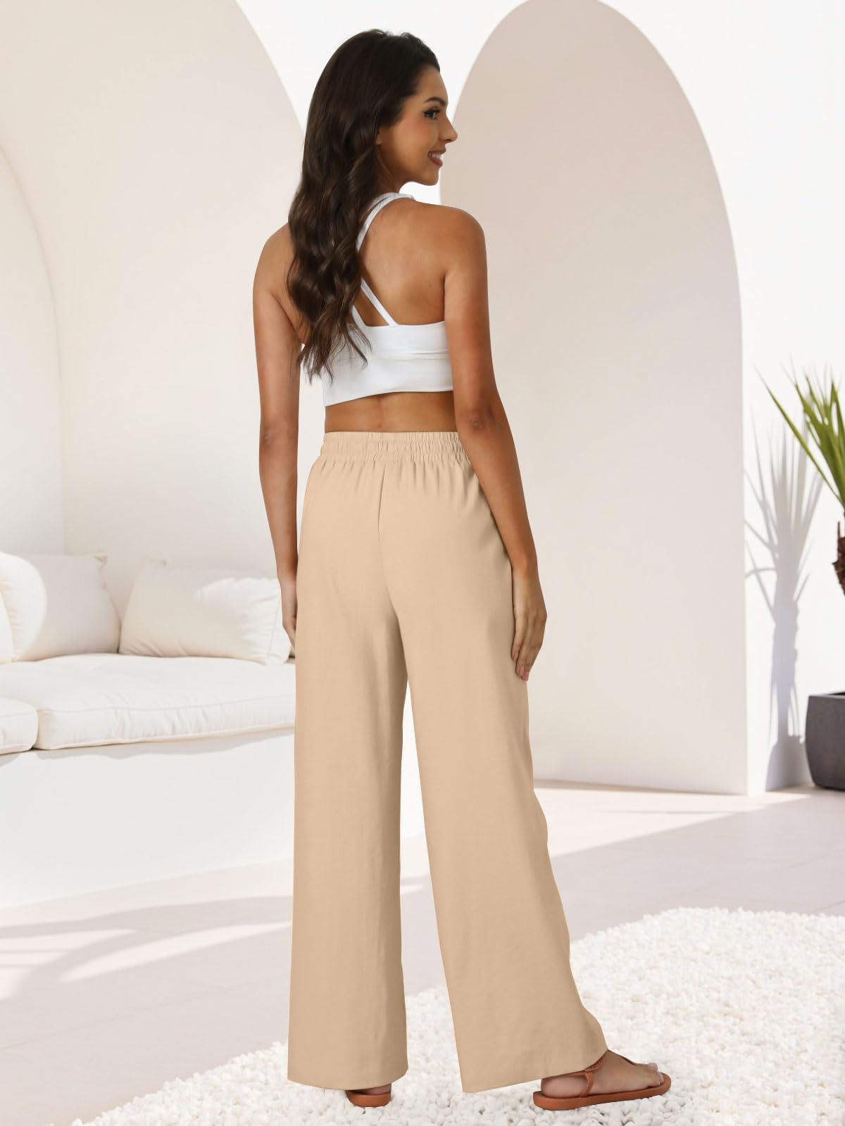 FireSwan Womens Palazzo Pants Casual Drawstring Flowy Pants Wide Leg Summer Beach Linen Trousers with Pockets