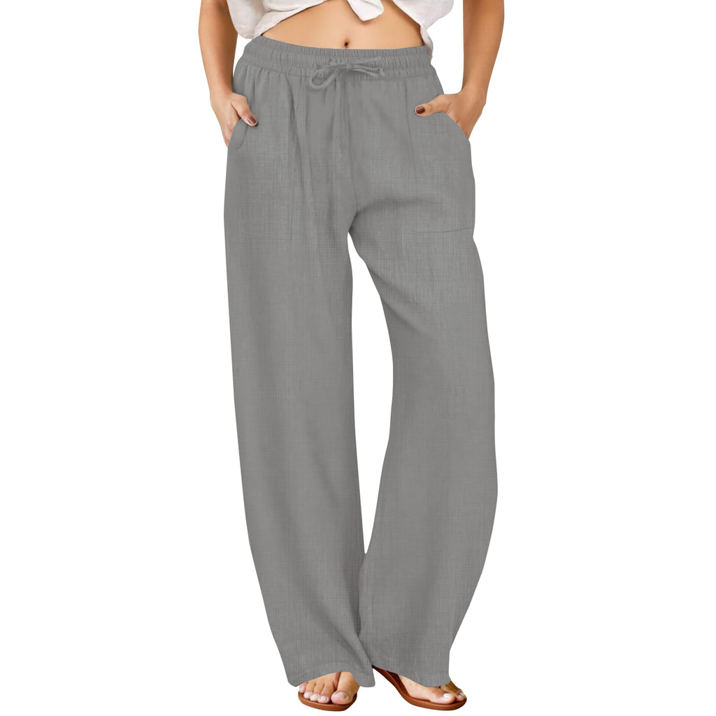 FireSwan Womens Palazzo Pants Casual Drawstring Flowy Pants Wide Leg Summer Beach Linen Trousers with Pockets