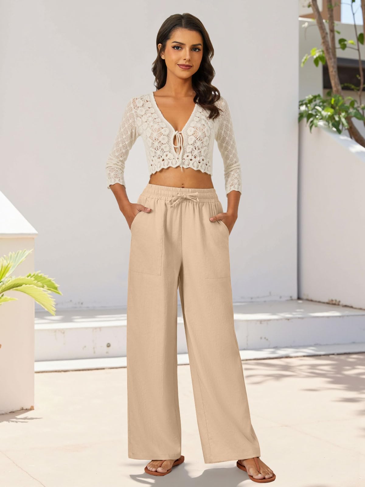 FireSwan Womens Palazzo Pants Casual Drawstring Flowy Pants Wide Leg Summer Beach Linen Trousers with Pockets
