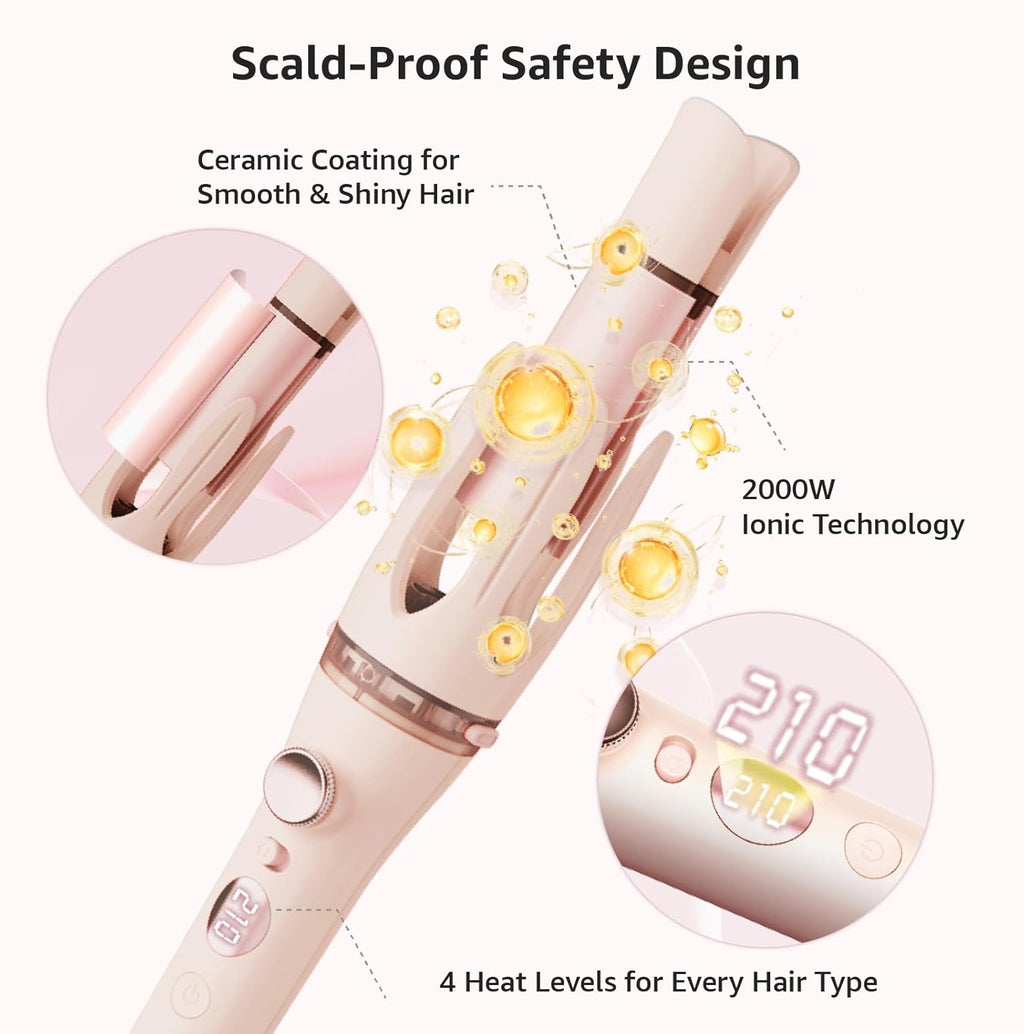 Automatic Curling Iron, 2 in 1 Hair Curler with Hair Straightener Brush, Portable Rotating Curling Iron, 1.25" Anti-Scald Tangle-Free, Dual Voltage 4 Temps Fast Heating, Lightweight for Travel