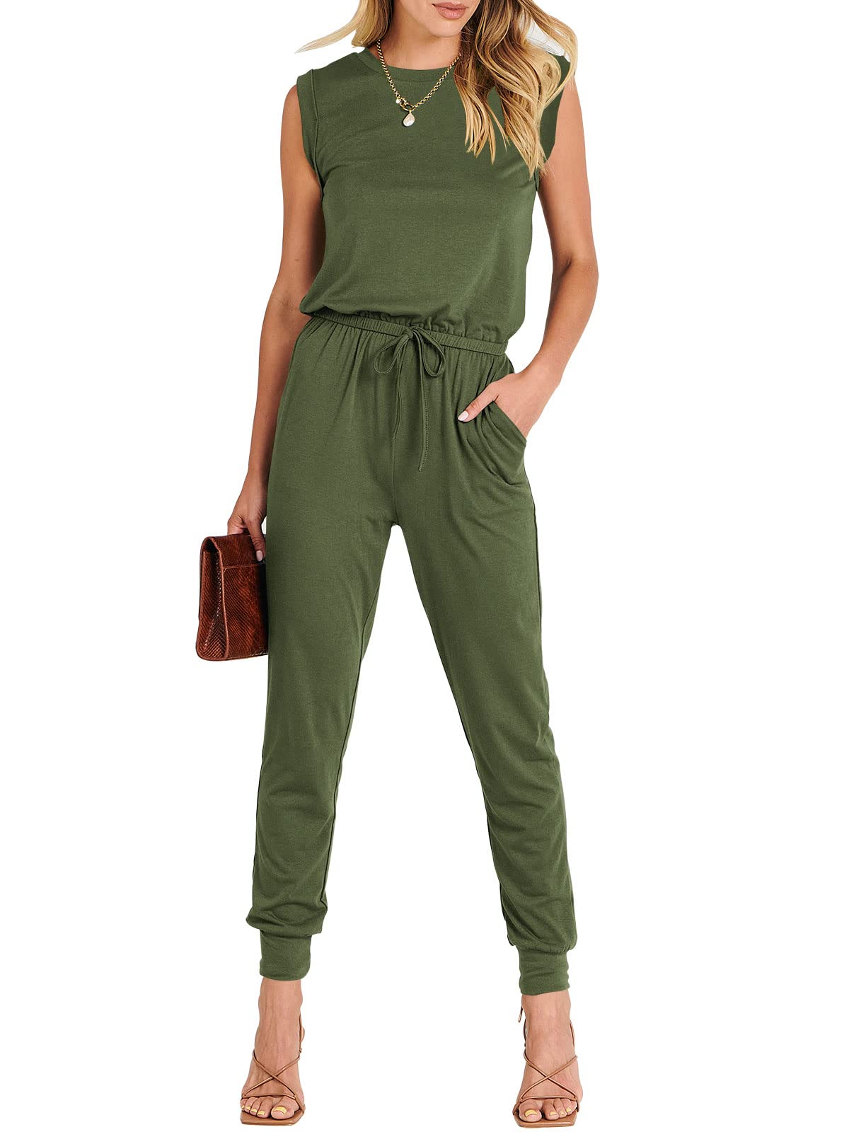 ANRABESS Womens Summer Sleeveless Jumpsuits Casual Dressy Stretchy Crewneck Rompers One Piece Outfits Fall Fashion 2026