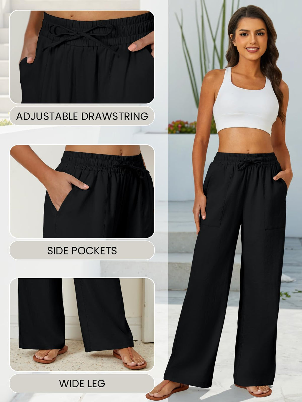 FireSwan Womens Palazzo Pants Casual Drawstring Flowy Pants Wide Leg Summer Beach Linen Trousers with Pockets
